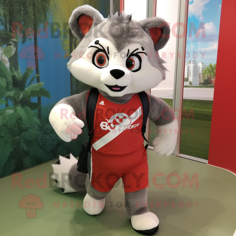 Gray Red Panda mascot costume character dressed with a Running Shorts and Handbags