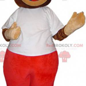 Brown bear mascot in white and red outfit - Redbrokoly.com