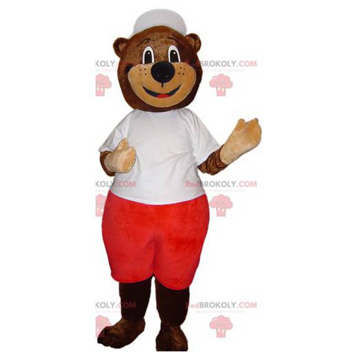 Brown bear mascot in white and red outfit - Redbrokoly.com