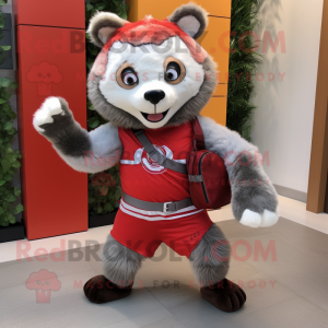 Gray Red Panda mascot costume character dressed with a Running Shorts and Handbags