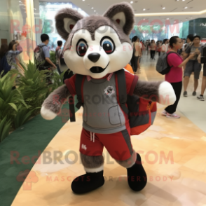 Gray Red Panda mascot costume character dressed with a Running Shorts and Handbags