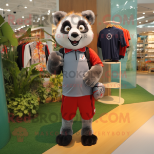 Gray Red Panda mascot costume character dressed with a Running Shorts and Handbags