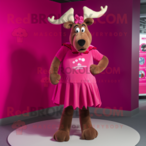 Magenta Moose mascot costume character dressed with a Pleated Skirt and Shoe laces