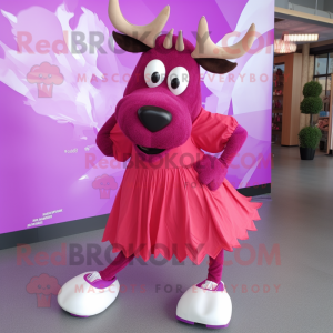 Magenta Moose mascot costume character dressed with a Pleated Skirt and Shoe laces