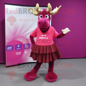 Magenta Moose mascot costume character dressed with a Pleated Skirt and Shoe laces