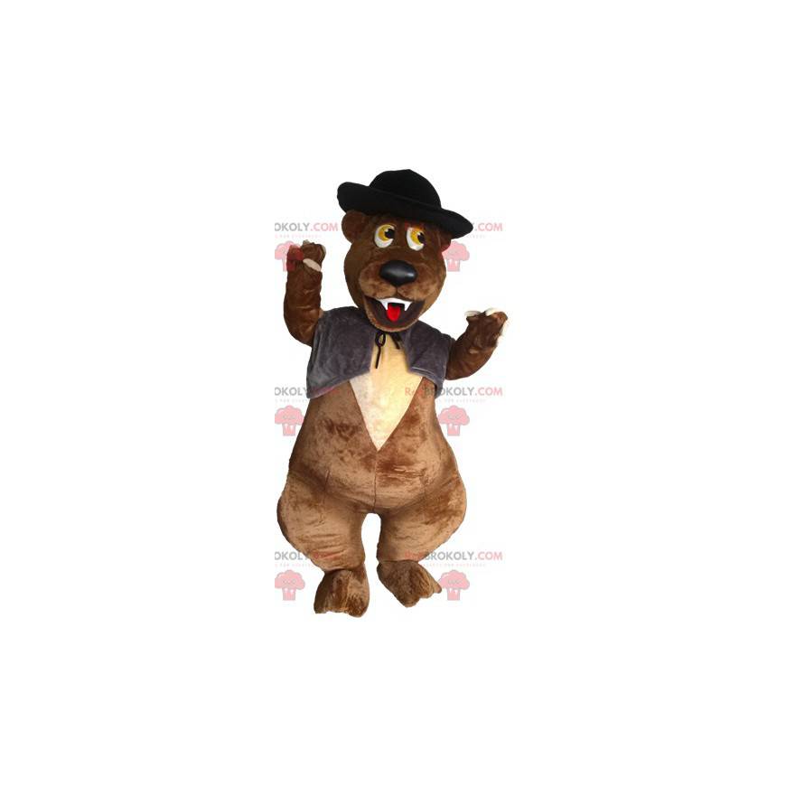 Mascota del oso pardo con un chaleco y un sombrero -