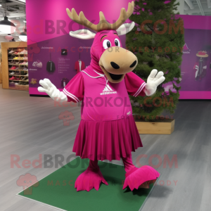Magenta Moose mascot costume character dressed with a Pleated Skirt and Shoe laces