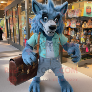 Cyan Werewolf mascot costume character dressed with a Denim Shorts and Handbags