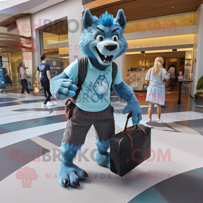 Cyan Werewolf mascot costume character dressed with a Denim Shorts and Handbags Cyan Werewolf mascot costume character dressed with a Denim Shorts and Handbags