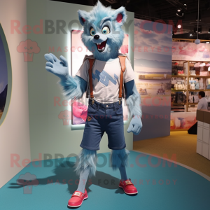 Cyan Werewolf mascot costume character dressed with a Denim Shorts and Handbags