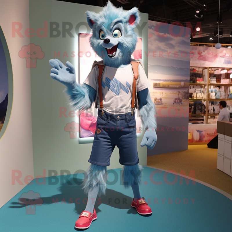 Cyan Werewolf mascot costume character dressed with a Denim Shorts and Handbags Cyan Werewolf mascot costume character dressed with a Denim Shorts and Handbags