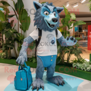 Cyan Werewolf mascot costume character dressed with a Denim Shorts and Handbags