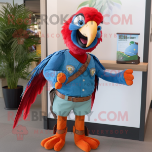 Rust Macaw mascot costume character dressed with a Jeans and Keychains
