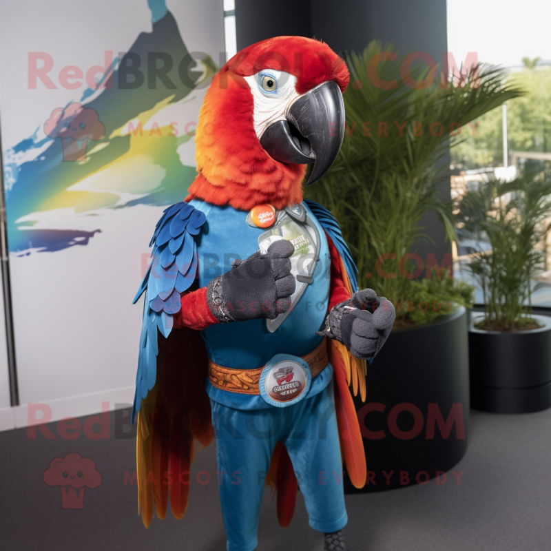 Rust Macaw mascot costume character dressed with a Jeans and Keychains