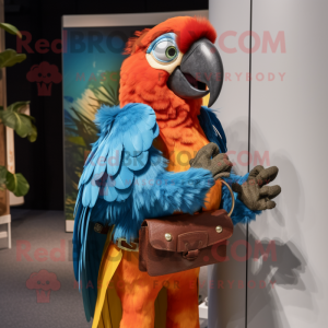 Rust Macaw mascot costume character dressed with a Jeans and Keychains