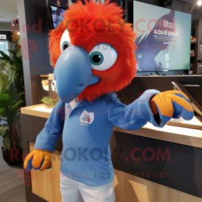 Rust Macaw mascot costume character dressed with a Jeans and Keychains