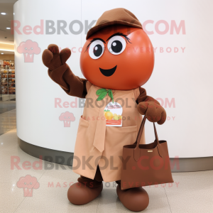 Brown Tomato mascot costume character dressed with a Coat and Tote bags
