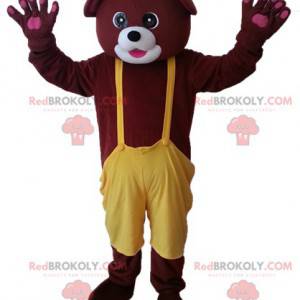 Bruine beer mascotte met gele overall - Redbrokoly.com