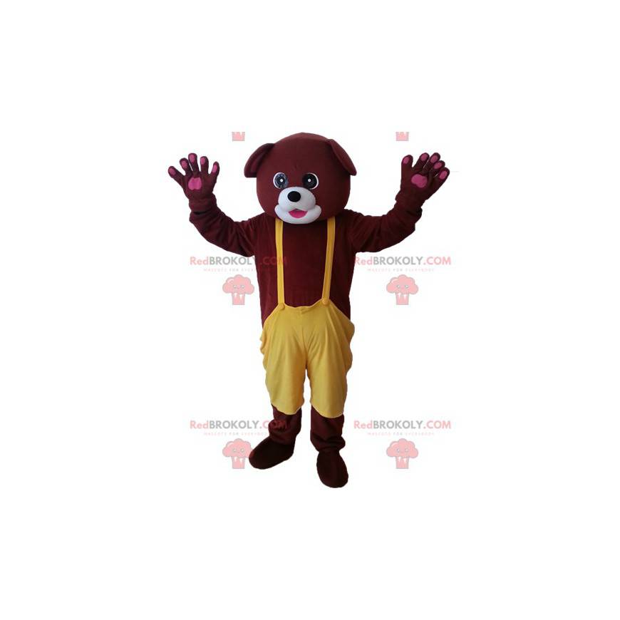 Mascote urso pardo com macacão amarelo - Redbrokoly.com