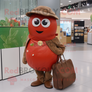 Brown Tomato mascot costume character dressed with a Coat and Tote bags