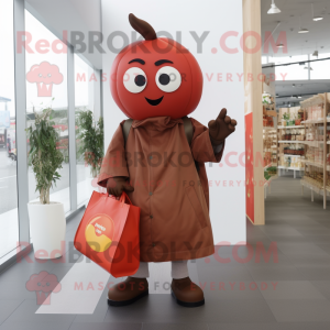Brown Tomato mascot costume character dressed with a Coat and Tote bags