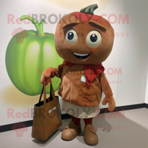 Brown Tomato mascot costume character dressed with a Coat and Tote bags