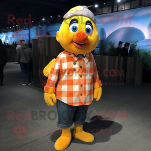 Yellow Clown Fish mascot costume character dressed with a Flannel Shirt and Cufflinks
