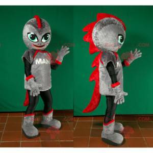 Mascotte robot dinosauro futuristico grigio e rosso -