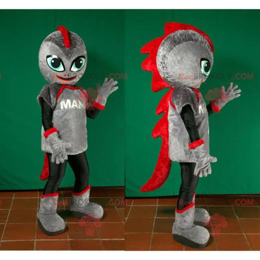 Mascote robô futurista de dinossauro cinza e vermelho -