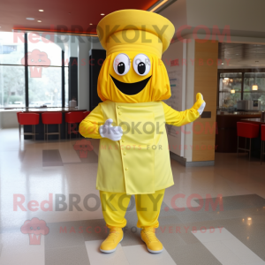 Lemon Yellow Lasagna mascot costume character dressed with a Jumpsuit and Caps