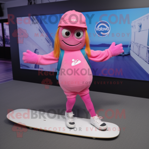 Pink Skateboard mascot costume character dressed with a Yoga Pants and Hats