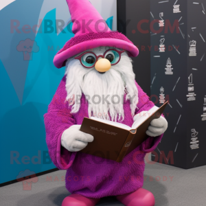 Magenta Wizard mascot costume character dressed with a Parka and Reading glasses