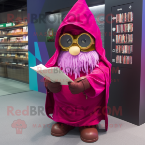 Magenta Wizard mascot costume character dressed with a Parka and Reading glasses