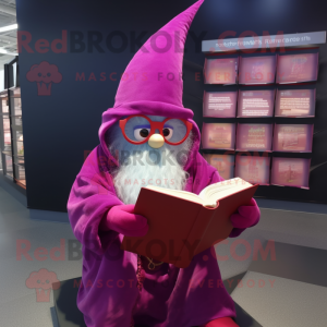 Magenta Wizard mascot costume character dressed with a Parka and Reading glasses