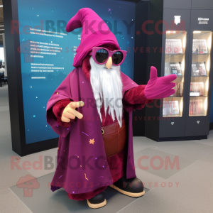 Magenta Wizard mascot costume character dressed with a Parka and Reading glasses