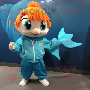 Teal Goldfish mascot costume character dressed with a Windbreaker and Hair clips