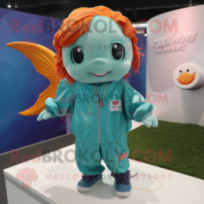 Teal Goldfish mascot costume character dressed with a Windbreaker and Hair clips