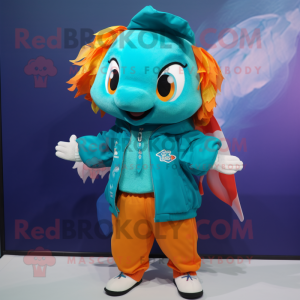 Teal Goldfish mascot costume character dressed with a Windbreaker and Hair clips