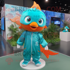 Teal Goldfish mascot costume character dressed with a Windbreaker and Hair clips