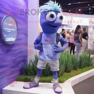 Lavender Betta Fish mascot costume character dressed with a Denim Shorts and Smartwatches