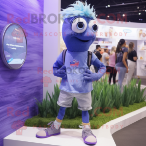 Lavender Betta Fish mascot costume character dressed with a Denim Shorts and Smartwatches