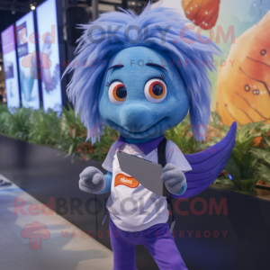 Lavender Betta Fish mascot costume character dressed with a Denim Shorts and Smartwatches
