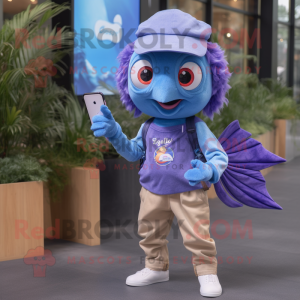 Lavender Betta Fish mascot costume character dressed with a Denim Shorts and Smartwatches