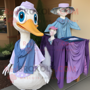 Lavender Swans mascot costume character dressed with a Chambray Shirt and Shawls