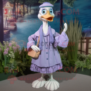 Lavender Swans mascot costume character dressed with a Chambray Shirt and Shawls