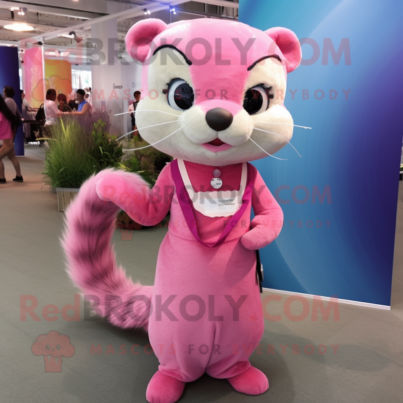 Pink Ferret mascot costume character dressed with a Sheath Dress and Headbands Pink Ferret mascot costume character dressed with a Sheath Dress and Headbands