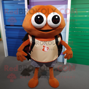 Brown Crab Cakes mascot costume character dressed with a Henley Shirt and Backpacks