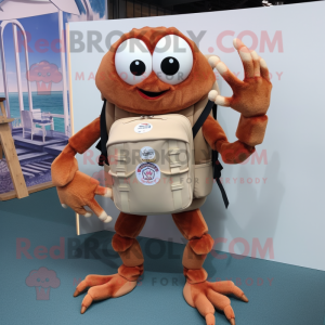 Brown Crab Cakes mascot costume character dressed with a Henley Shirt and Backpacks