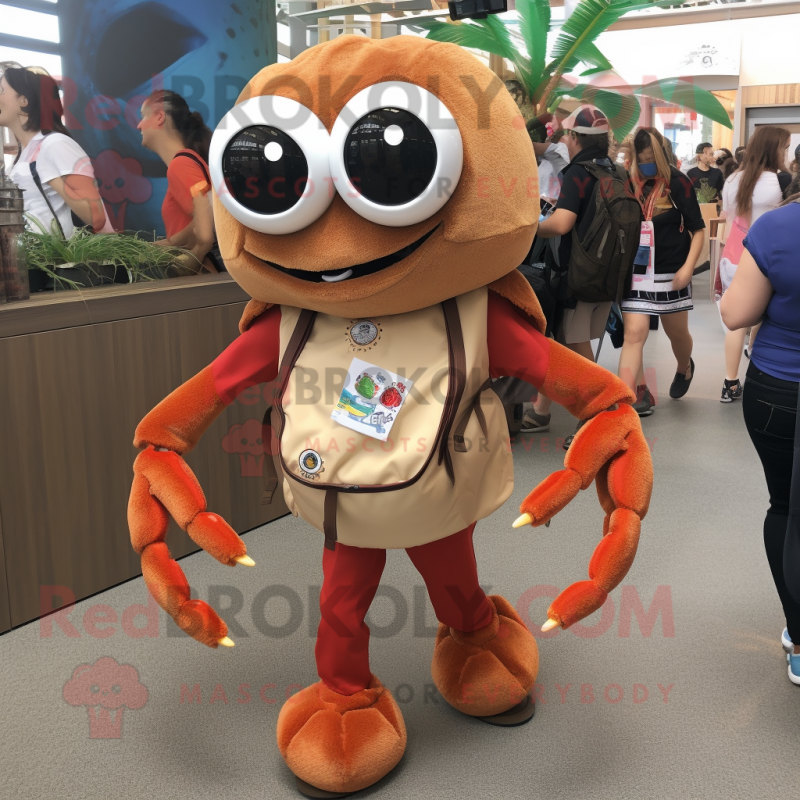 Brown Crab Cakes mascot costume character dressed with a Henley Shirt and Backpacks