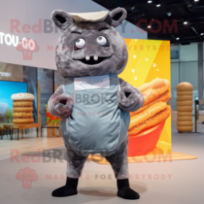 Gray Beef Wellington mascot costume character dressed with a Playsuit and Wraps